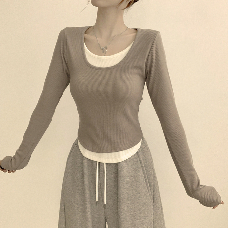 스윗 유넥 잔골지 슬림핏 무지 라운드 배색 데일리 가을 긴팔 티셔츠 간절기 긴팔티 4color 모카