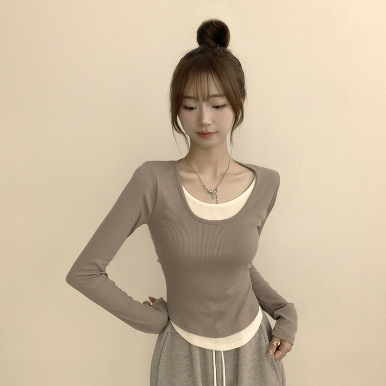 스윗 유넥 잔골지 슬림핏 무지 라운드 배색 데일리 가을 긴팔 티셔츠 간절기 긴팔티 4color 모카