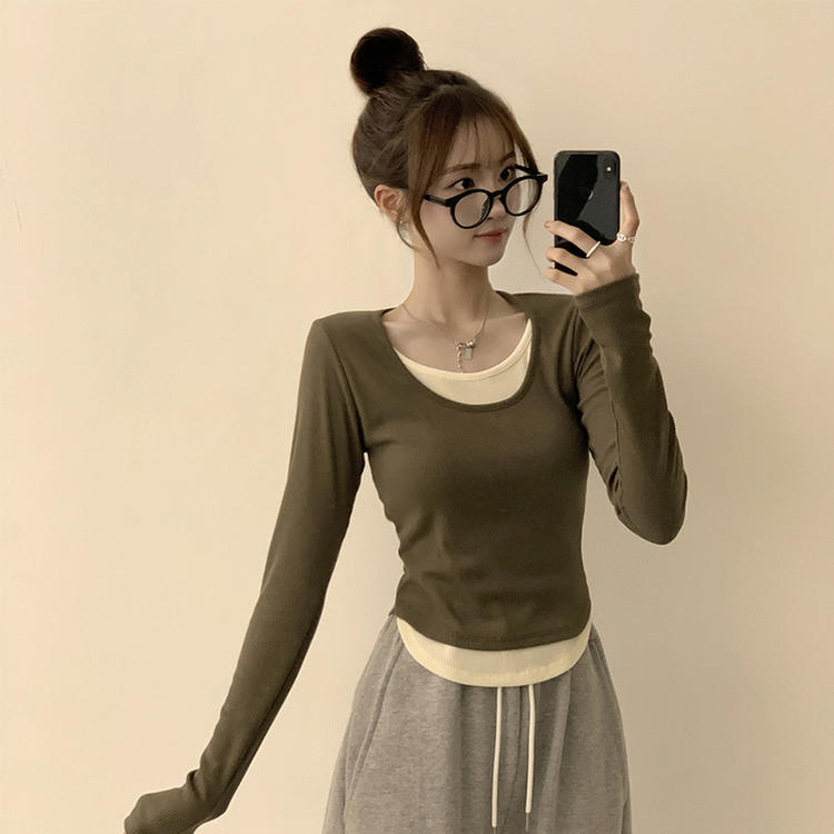 스윗 유넥 잔골지 슬림핏 무지 라운드 배색 데일리 가을 긴팔 티셔츠 간절기 긴팔티 4color 카키