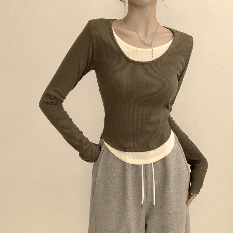 스윗 유넥 잔골지 슬림핏 무지 라운드 배색 데일리 가을 긴팔 티셔츠 간절기 긴팔티 4color 카키