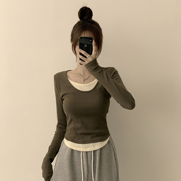 스윗 유넥 잔골지 슬림핏 무지 라운드 배색 데일리 가을 긴팔 티셔츠 간절기 긴팔티 4color 카키