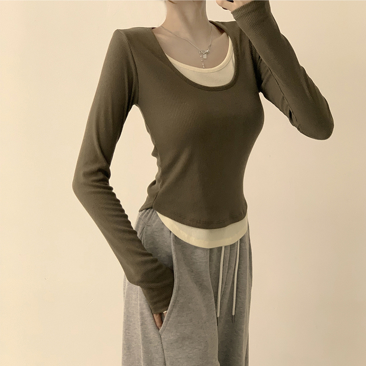 스윗 유넥 잔골지 슬림핏 무지 라운드 배색 데일리 가을 긴팔 티셔츠 간절기 긴팔티 4color 카키