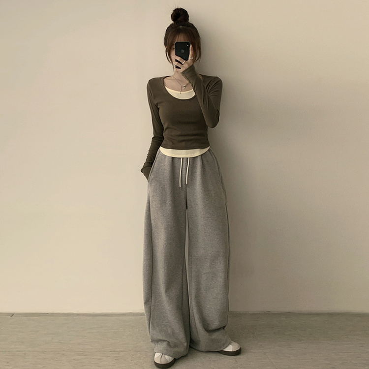 스윗 유넥 잔골지 슬림핏 무지 라운드 배색 데일리 가을 긴팔 티셔츠 간절기 긴팔티 4color 카키