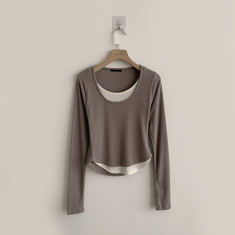 스윗 유넥 잔골지 슬림핏 무지 라운드 배색 데일리 가을 긴팔 티셔츠 간절기 긴팔티 4color