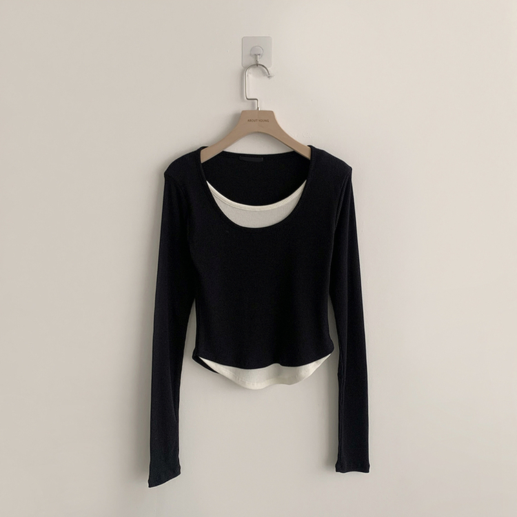 스윗 유넥 잔골지 슬림핏 무지 라운드 배색 데일리 가을 긴팔 티셔츠 간절기 긴팔티 4color