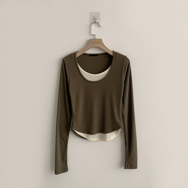 스윗 유넥 잔골지 슬림핏 무지 라운드 배색 데일리 가을 긴팔 티셔츠 간절기 긴팔티 4color