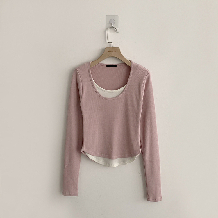 스윗 유넥 잔골지 슬림핏 무지 라운드 배색 데일리 가을 긴팔 티셔츠 간절기 긴팔티 4color