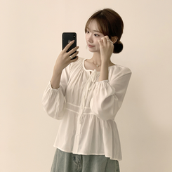 자신있는 추천 실물보장 말라핏 라운드 소매 퍼프 가을 프릴 긴팔 블라우스 루즈핏 여름 상의 하객룩 3color 아이보리