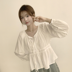 자신있는 추천 실물보장 말라핏 라운드 소매 퍼프 가을 프릴 긴팔 블라우스 루즈핏 여름 상의 하객룩 3color 아이보리