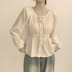 자신있는 추천 실물보장 말라핏 라운드 소매 퍼프 가을 프릴 긴팔 블라우스 루즈핏 여름 상의 하객룩 3color 베이지