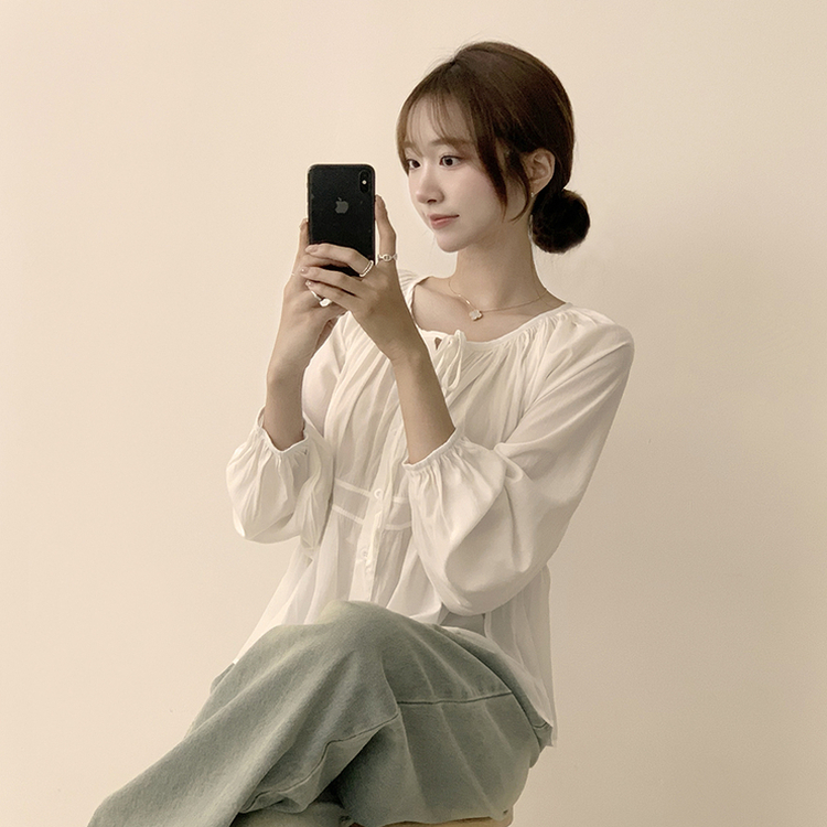 자신있는 추천 실물보장 말라핏 라운드 소매 퍼프 가을 프릴 긴팔 블라우스 루즈핏 여름 상의 하객룩 3color 아이보리