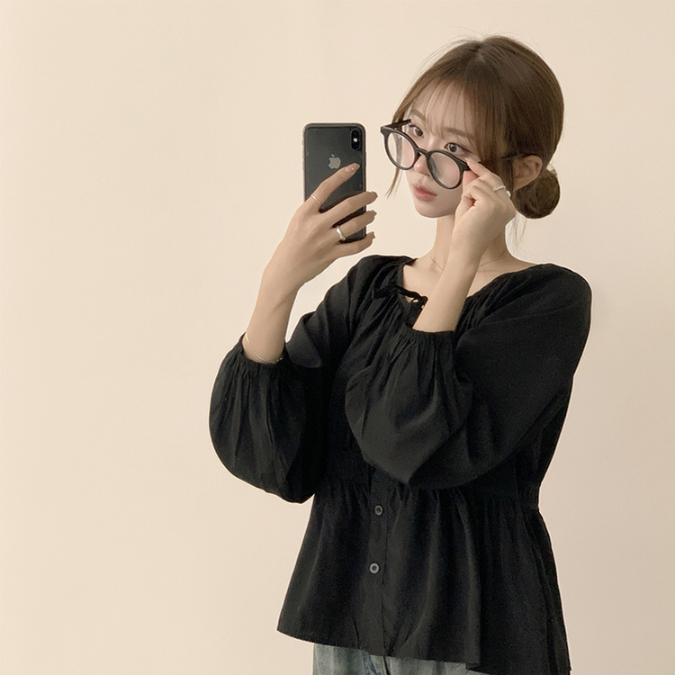 자신있는 추천 실물보장 말라핏 라운드 소매 퍼프 가을 프릴 긴팔 블라우스 루즈핏 여름 상의 하객룩 3color 블랙