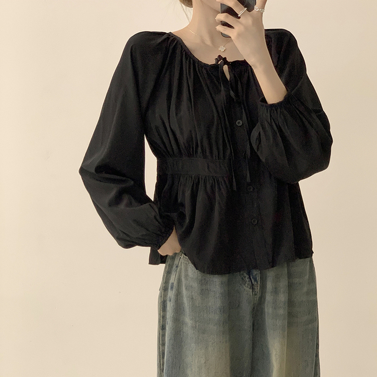 자신있는 추천 실물보장 말라핏 라운드 소매 퍼프 가을 프릴 긴팔 블라우스 루즈핏 여름 상의 하객룩 3color 블랙