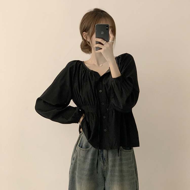 자신있는 추천 실물보장 말라핏 라운드 소매 퍼프 가을 프릴 긴팔 블라우스 루즈핏 여름 상의 하객룩 3color 블랙