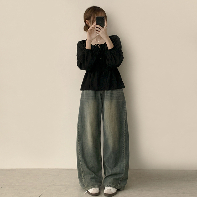 자신있는 추천 실물보장 말라핏 라운드 소매 퍼프 가을 프릴 긴팔 블라우스 루즈핏 여름 상의 하객룩 3color 블랙