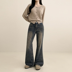 【丈別】ウォッシングセミブーツカットデニムパンツ(5color) VINTAGE DEEP BLUE