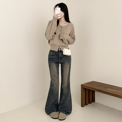 【丈別】ウォッシングセミブーツカットデニムパンツ(5color) VINTAGE DEEP BLUE