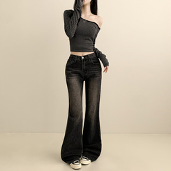 【丈別】ウォッシングセミブーツカットデニムパンツ(5color) BLACK