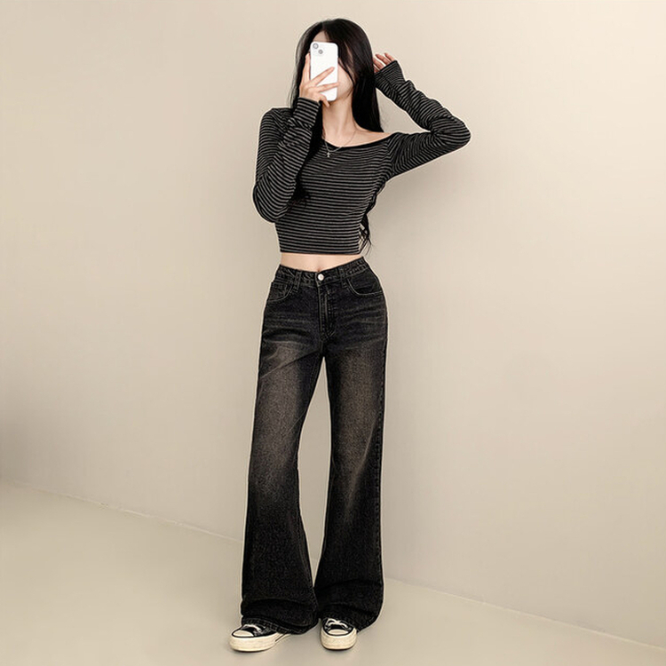 【丈別】ウォッシングセミブーツカットデニムパンツ(5color) BLACK