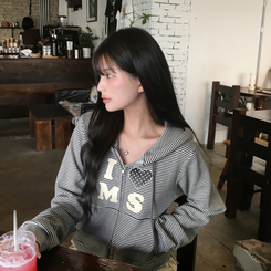 아론 레터링 스트라이프 단가라 투웨이 후드 집업 블랙