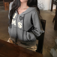 아론 레터링 스트라이프 단가라 투웨이 후드 집업 블랙