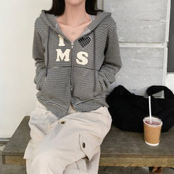 아론 레터링 스트라이프 단가라 투웨이 후드 집업 블랙