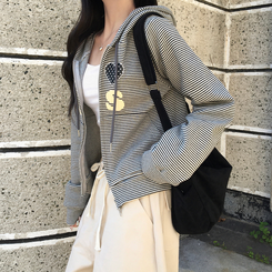 아론 레터링 스트라이프 단가라 투웨이 후드 집업 블랙