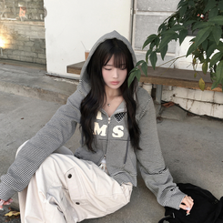 아론 레터링 스트라이프 단가라 투웨이 후드 집업 블랙