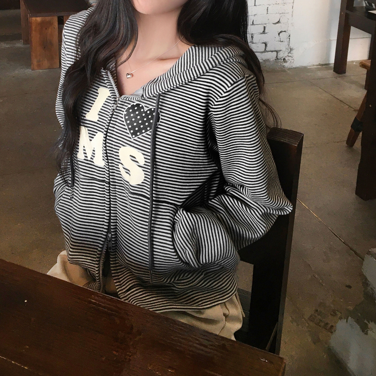 아론 레터링 스트라이프 단가라 투웨이 후드 집업 블랙