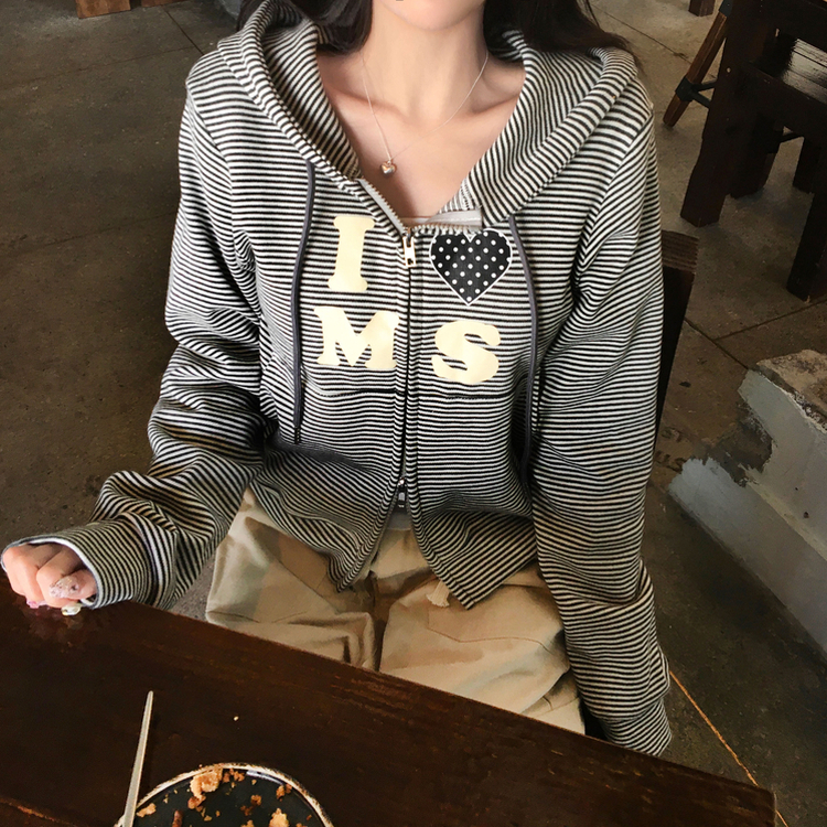 아론 레터링 스트라이프 단가라 투웨이 후드 집업 블랙