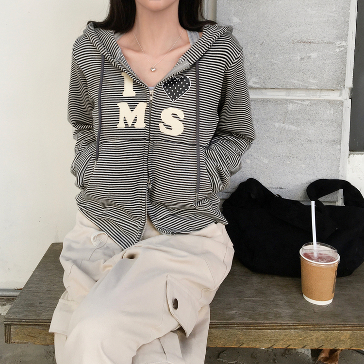 아론 레터링 스트라이프 단가라 투웨이 후드 집업 블랙