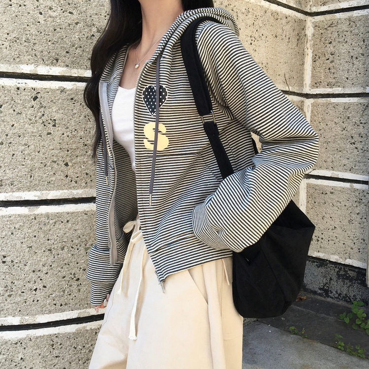 아론 레터링 스트라이프 단가라 투웨이 후드 집업 블랙