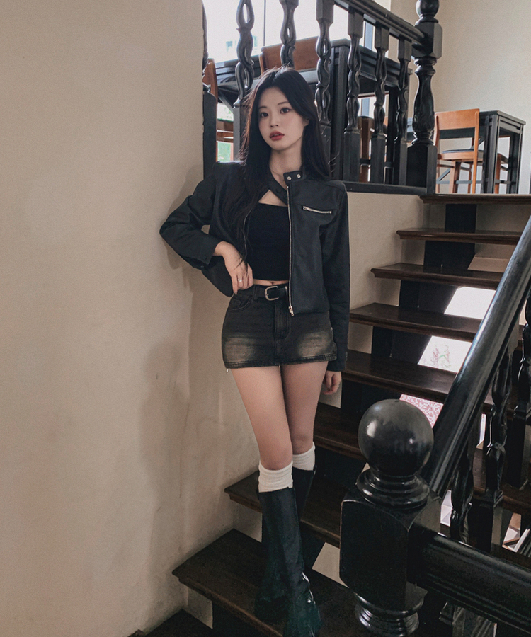 サイドジッパーデニムスカートパンツ BLACK