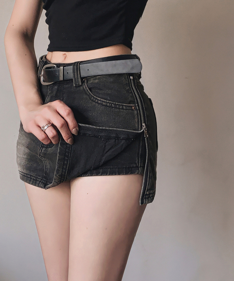 サイドジッパーデニムスカートパンツ BLACK