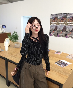 リボンドット長袖Tシャツ BLACK