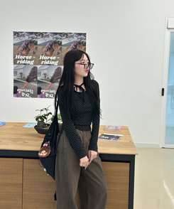 リボンドット長袖Tシャツ BLACK