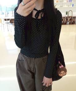 リボンドット長袖Tシャツ BLACK