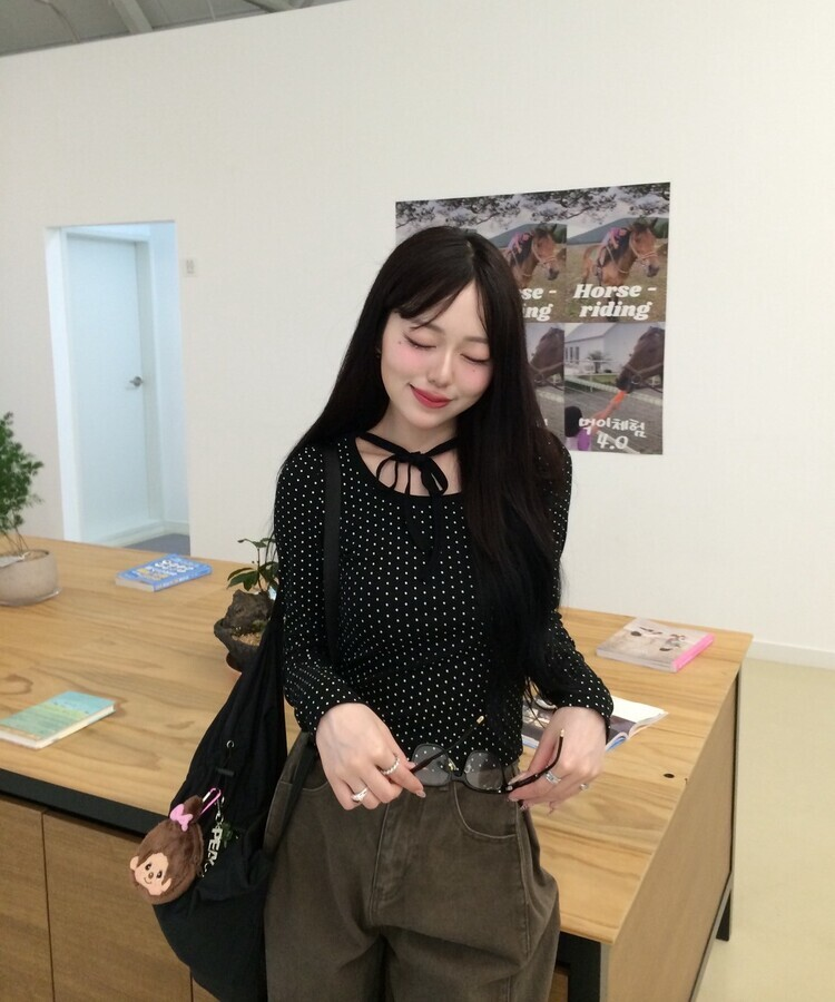 リボンドット長袖Tシャツ BLACK