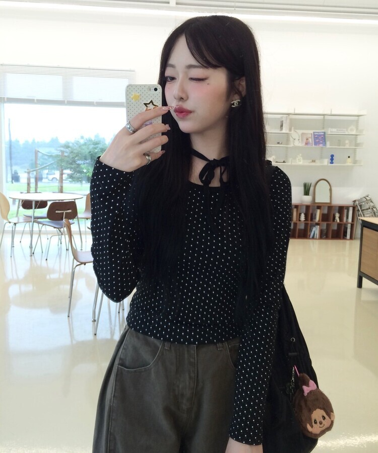 リボンドット長袖Tシャツ BLACK