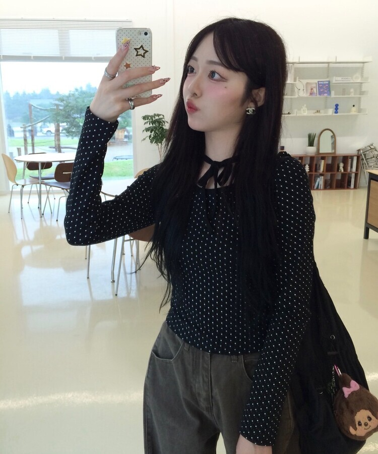 リボンドット長袖Tシャツ BLACK