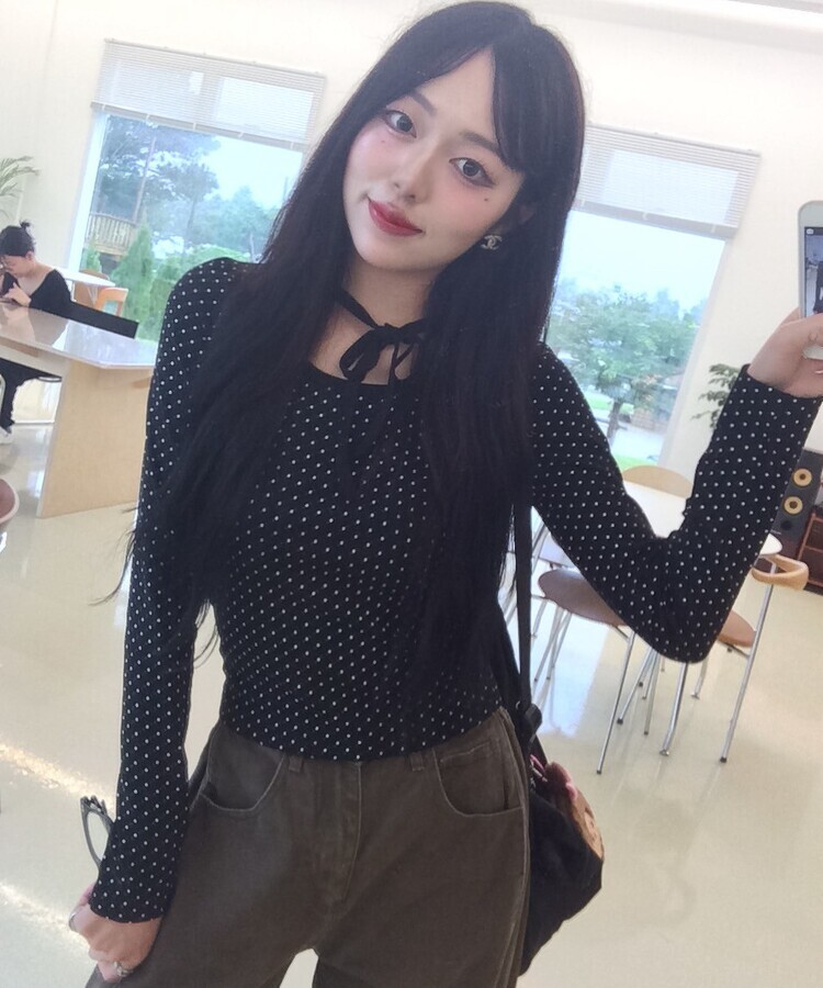 リボンドット長袖Tシャツ BLACK