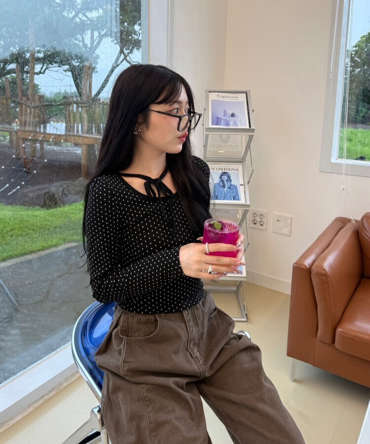 リボンドット長袖Tシャツ BLACK