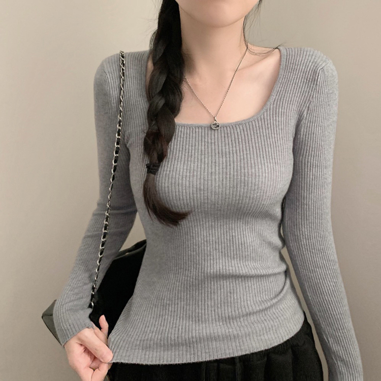 보보 골지 스퀘어넥 긴팔 니트 가을 가을옷 니트티 이너니트 이너티 흰티 레이어드 롱슬리브 그레이