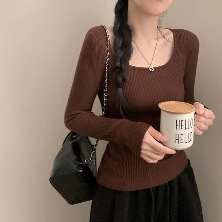 보보 골지 스퀘어넥 긴팔 니트 가을 가을옷 니트티 이너니트 이너티 흰티 레이어드 롱슬리브 브라운