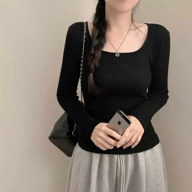 보보 골지 스퀘어넥 긴팔 니트 가을 가을옷 니트티 이너니트 이너티 흰티 레이어드 롱슬리브 블랙