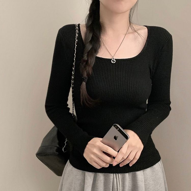 보보 골지 스퀘어넥 긴팔 니트 가을 가을옷 니트티 이너니트 이너티 흰티 레이어드 롱슬리브 블랙