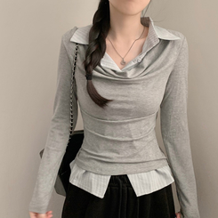 셔츠 레이어드 입술넥 셔링 긴팔티 긴팔 롱슬리브 그레이