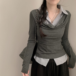 셔츠 레이어드 입술넥 셔링 긴팔티 긴팔 롱슬리브 먹색