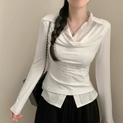 셔츠 레이어드 입술넥 셔링 긴팔티 긴팔 롱슬리브 아이보리