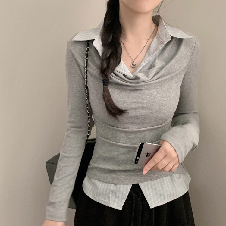 셔츠 레이어드 입술넥 셔링 긴팔티 긴팔 롱슬리브 그레이